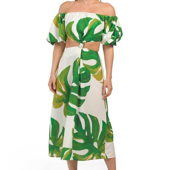 FARM RIO Linen Blend Monstera Midi Knot Dress - Picture 12 of 12